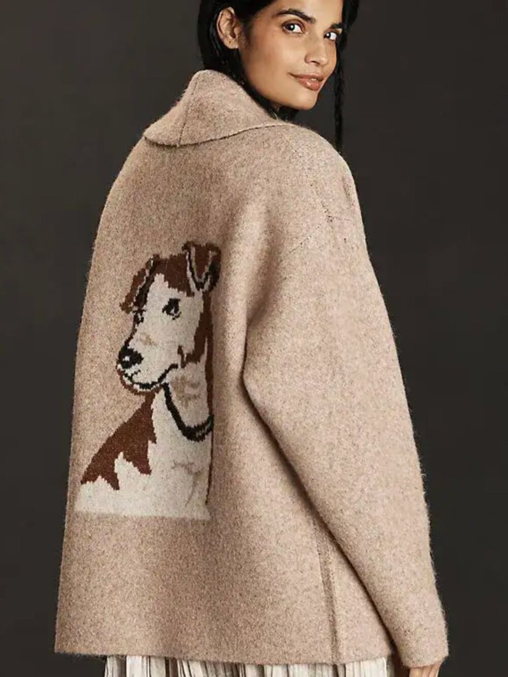 Flat White OS The Mariel 3D Icon Longline Cardigan Sweater Wool Bl Dog Graphic